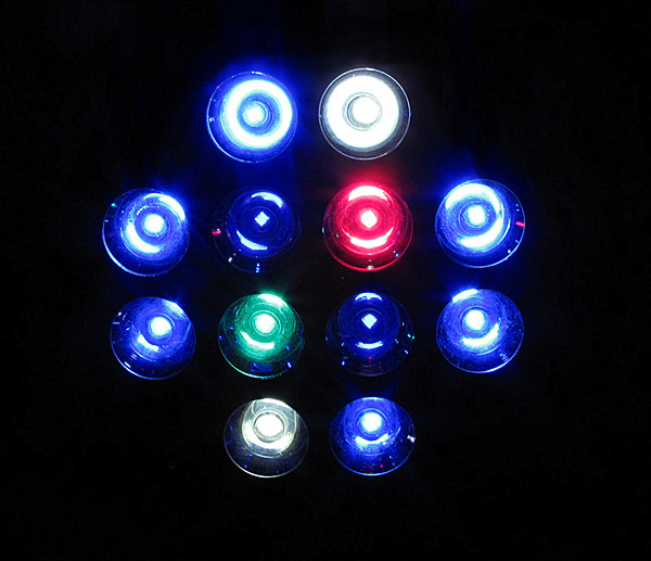 20k LED 
Total Led: 12
Led Power: 3 watt
Led Colors:
(6) 455nm Royal Blue
(2) 6500K Cool White 
(2) 405nm UV 
(1) 660nm Deep Red
(1) 495nm Cyan
Optics: 60 degree standard
Warranty: 2 year