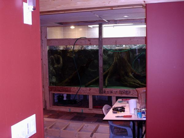 18. This is a view into the room. I put down slate tile on the floor, as well as I tiled the upper part of the aquarium with a lighter tile to aid in the reflection of heat. I had planned to put drawers underneath and cover the top with cabinet doors.
